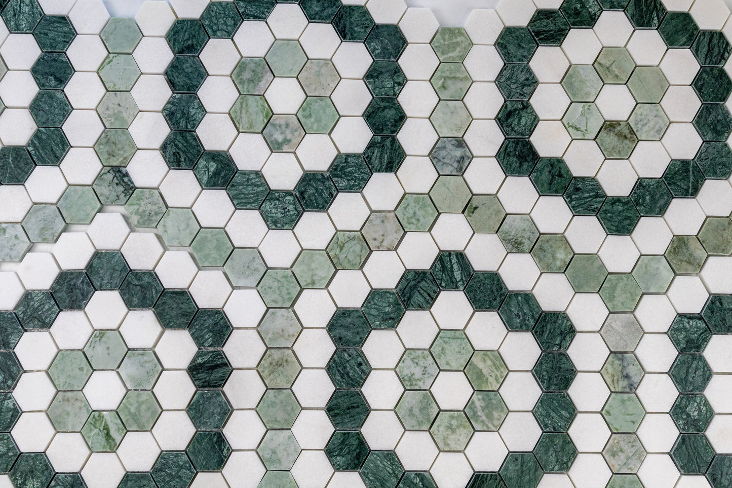 1.3" Hex Blend Green - Thassos, Mint Green, Empress Green Honed