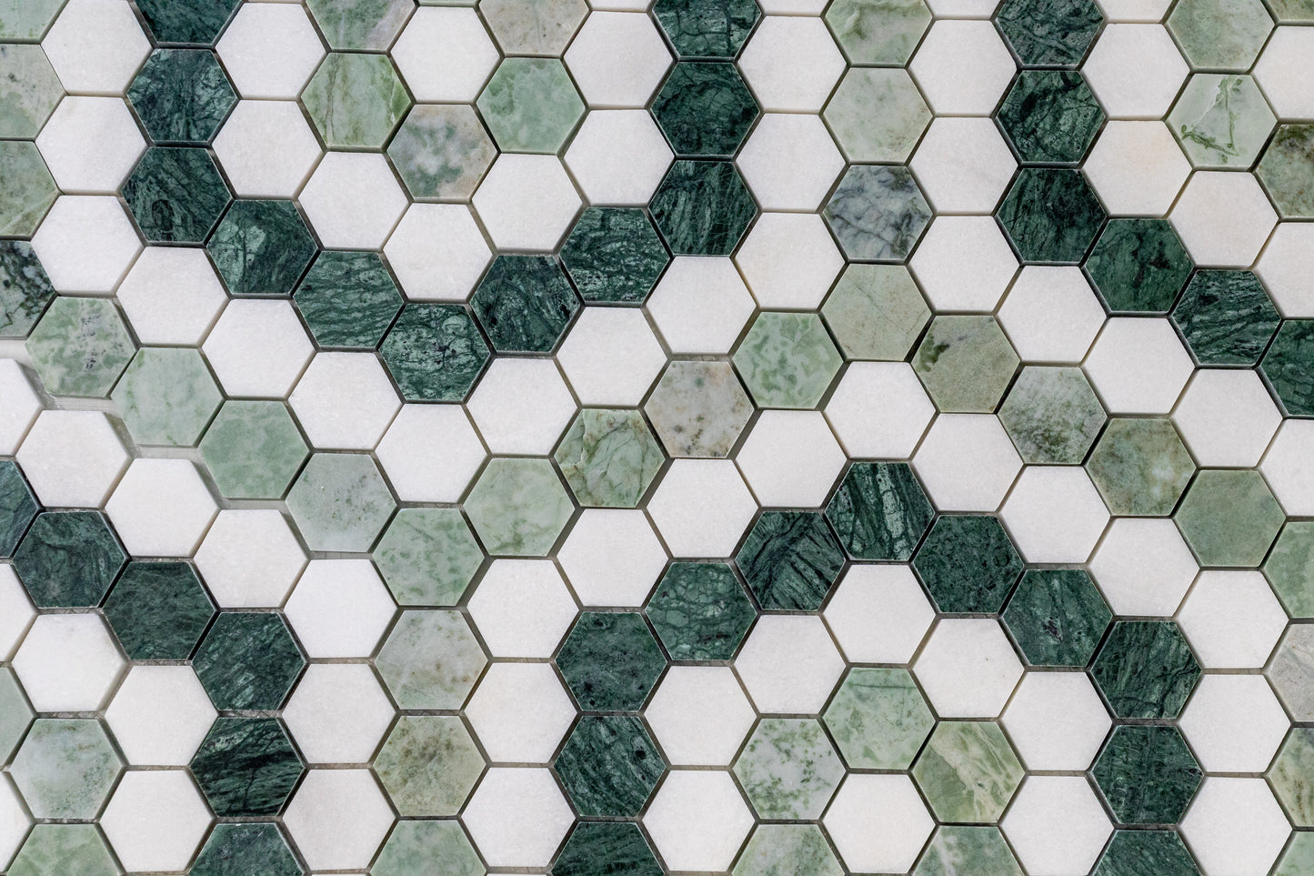 1.3" Hex Blend Green - Thassos, Mint Green, Empress Green Honed