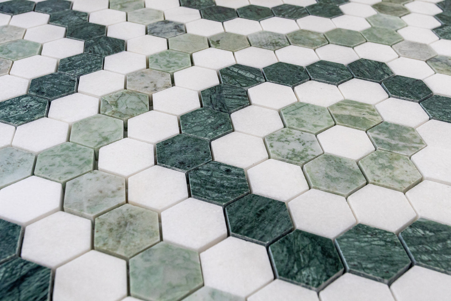 1.3" Hex Blend Green - Thassos, Mint Green, Empress Green Honed