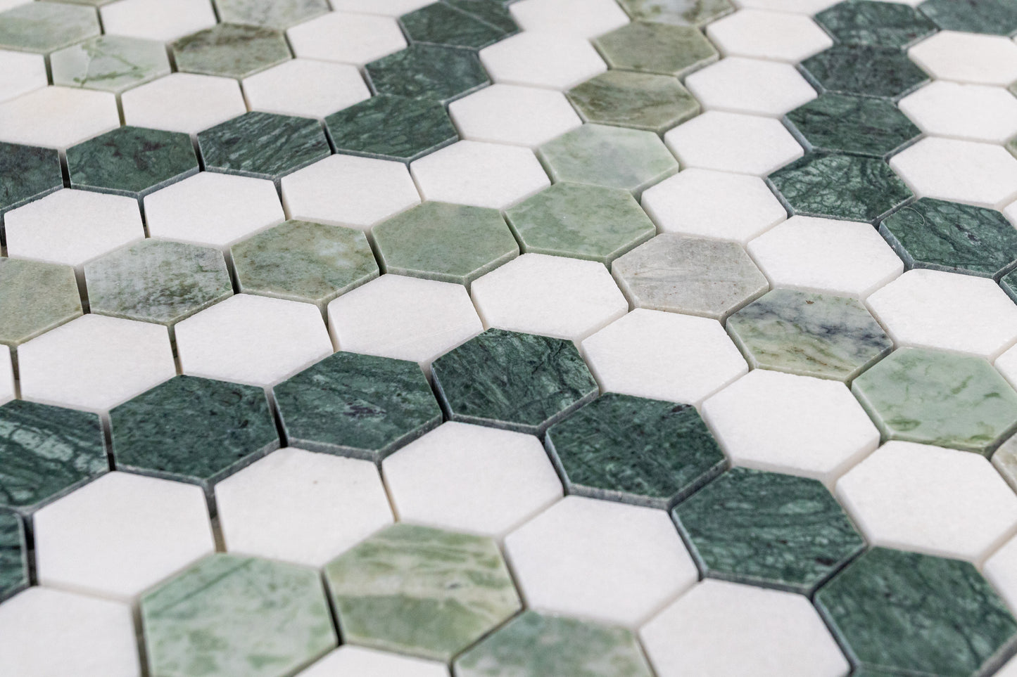 1.3" Hex Blend Green - Thassos, Mint Green, Empress Green Honed