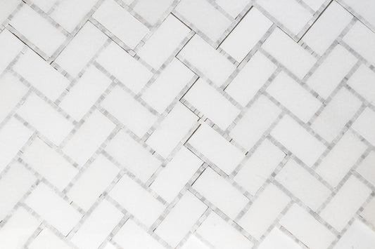 1" x 2" Herringbone - Thassos with Carrara Border