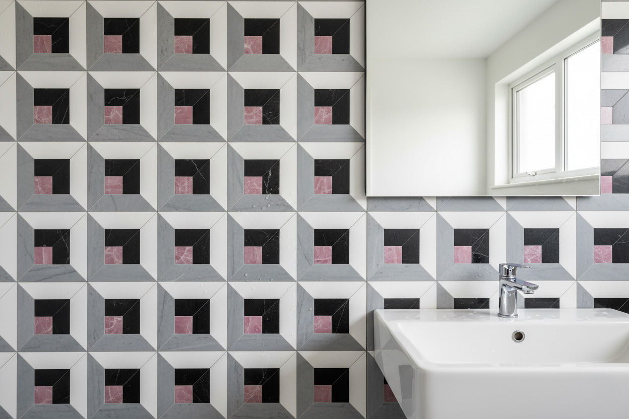 Arden - Nero Marquina, Thassos, Pink Ice, Royal Grey install