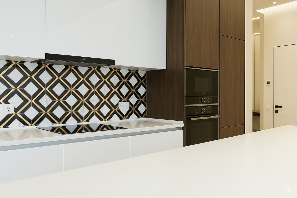 Mazuma - Calacatta, Nero Marquina, Brass install