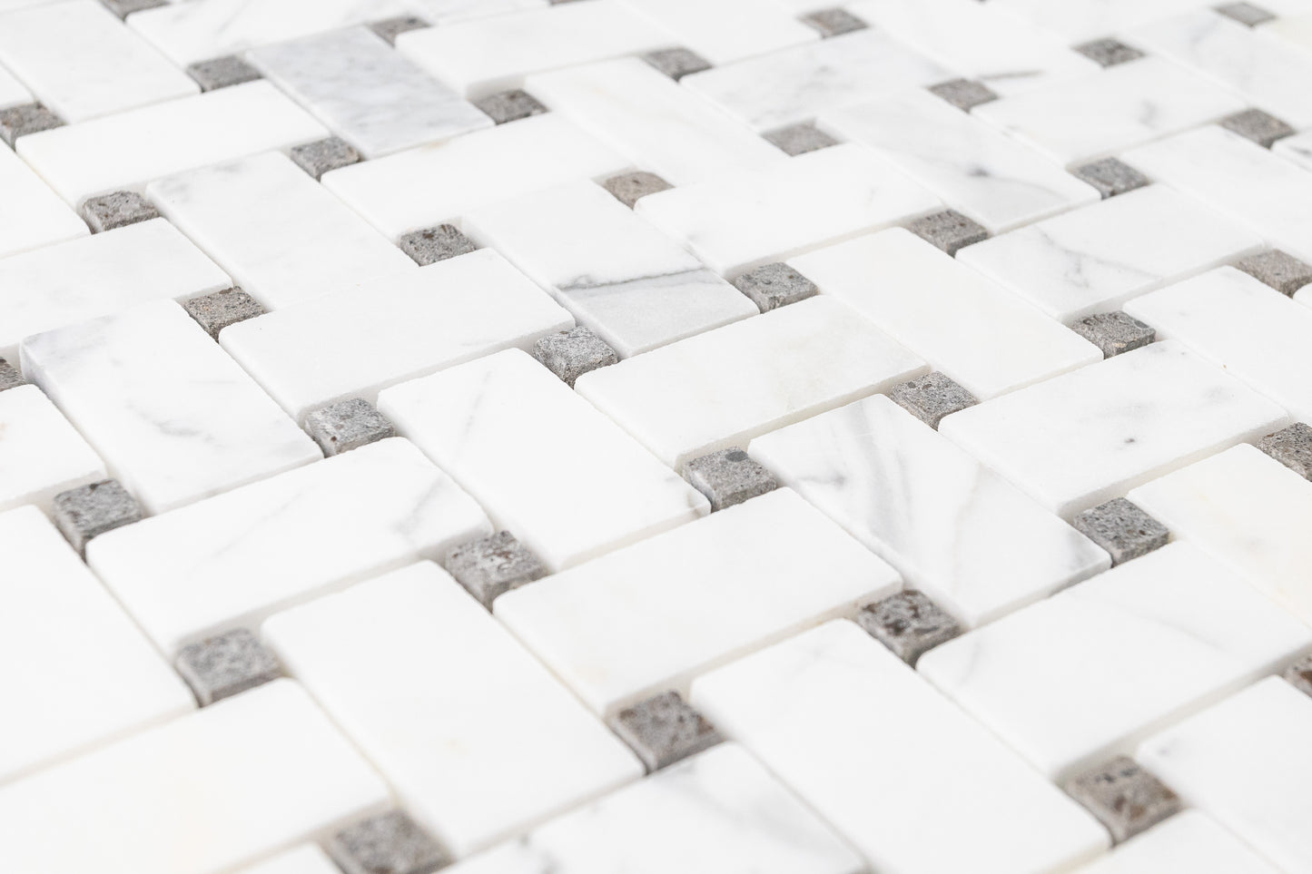 Medium Basketweave - Calacatta with Lagos Azul Dot