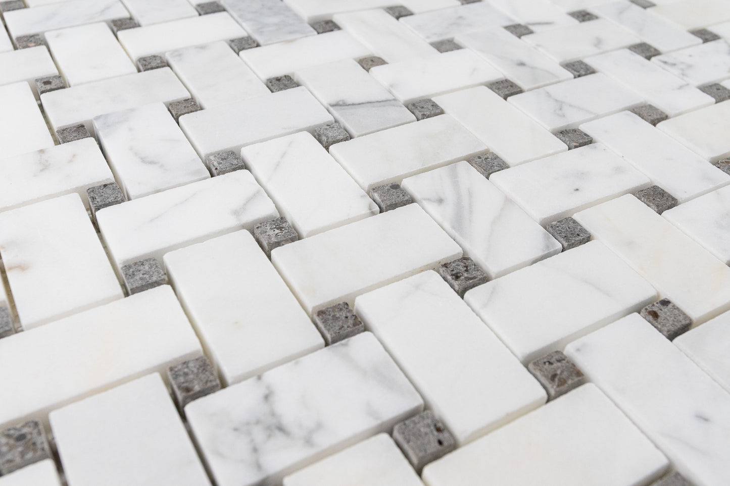 Medium Basketweave - Calacatta with Lagos Azul Dot