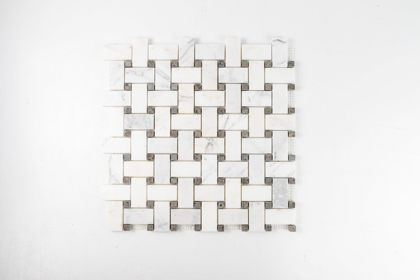 Medium Basketweave - Calacatta with Lagos Azul Dot