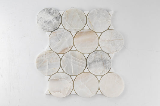 3" Penny Round Aspen Grey Honed with Thassos Polished Triangles