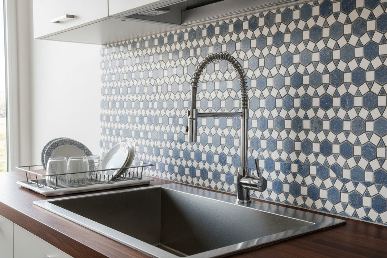 Sunflower Mosaic - Thassos & Azul Macauba install