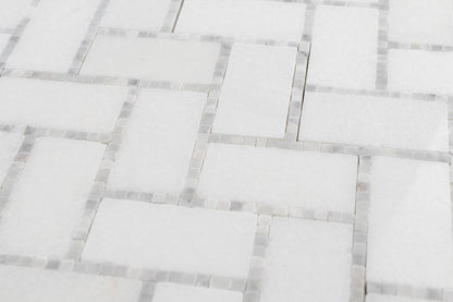 1" x 2" Herringbone - Thassos with Carrara Border