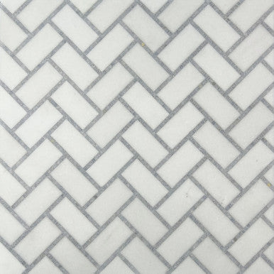 1" x 2" Herringbone - Thassos with Blue Celeste