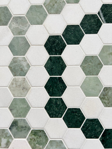 1.3" Hex Blend Green - Thassos, Mint Green, Empress Green Honed