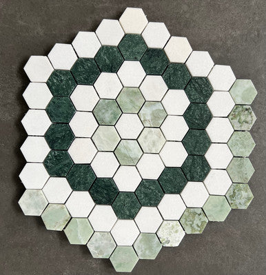 1.3" Hex Blend Green - Thassos, Mint Green, Empress Green Honed