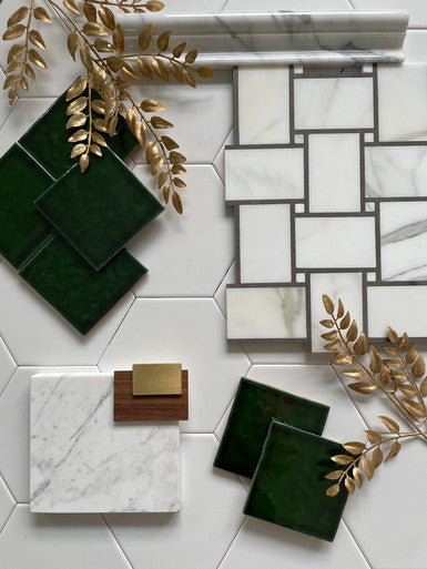 Grand Basketweave - Calacatta with Lagos Azul Border