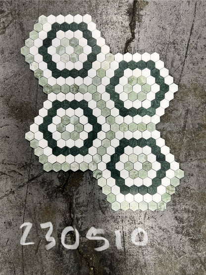 1.3" Hex Blend Green - Thassos, Mint Green, Empress Green Honed