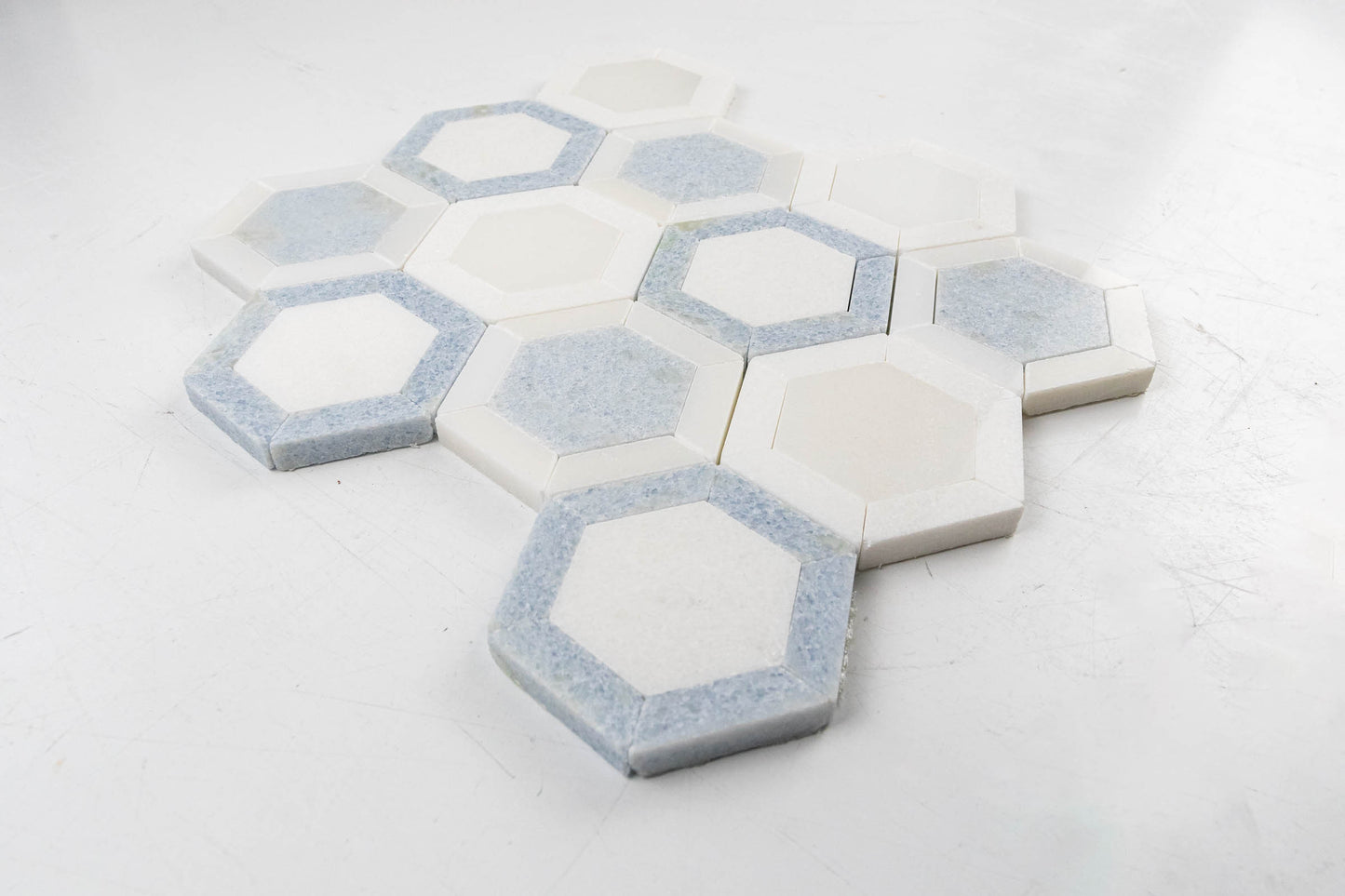 Honeycomb - Thassos, Paperwhite, Blue Celeste