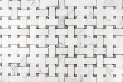 Medium Basketweave - Calacatta with Lagos Azul Dot