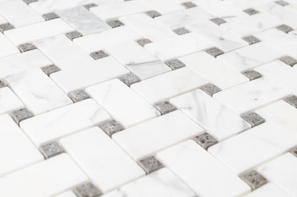 Medium Basketweave - Calacatta with Lagos Azul Dot