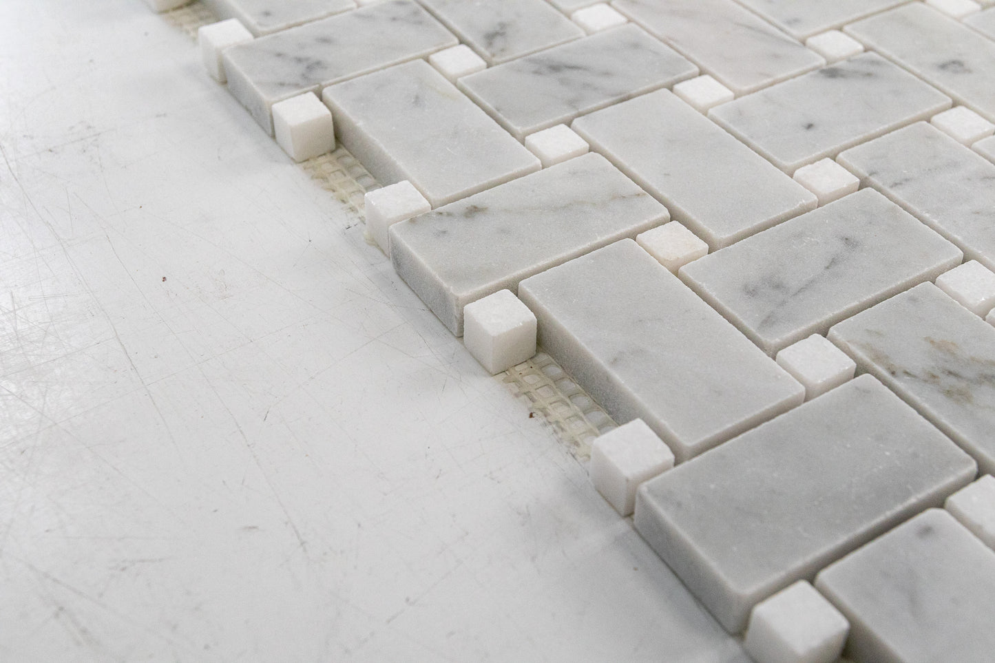 Medium Basketweave - Carrara with Thassos Dot