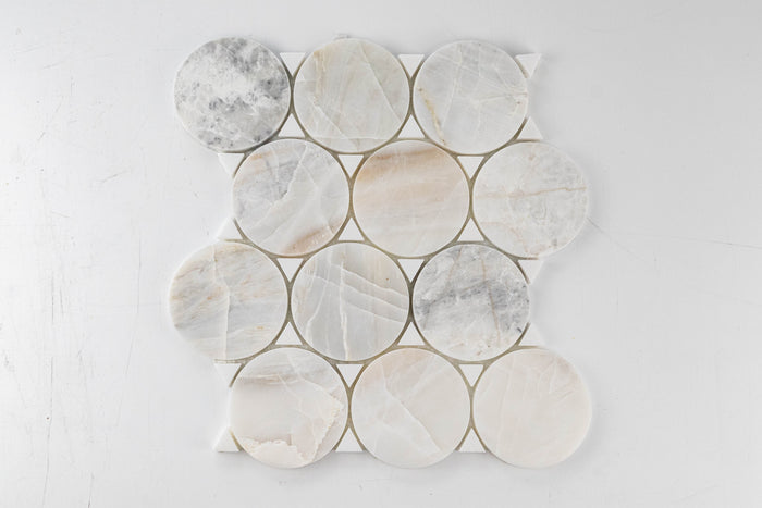 3" Penny Round Aspen Grey Honed with Thassos Polished Triangles