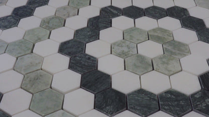 1.3" Hex Blend Green - Thassos, Mint Green, Empress Green Honed