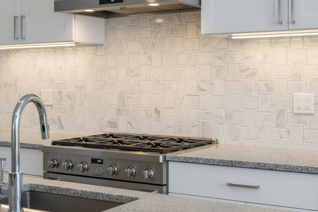 Venti Bacon - Calacatta Gold Polished & Thassos Honed install